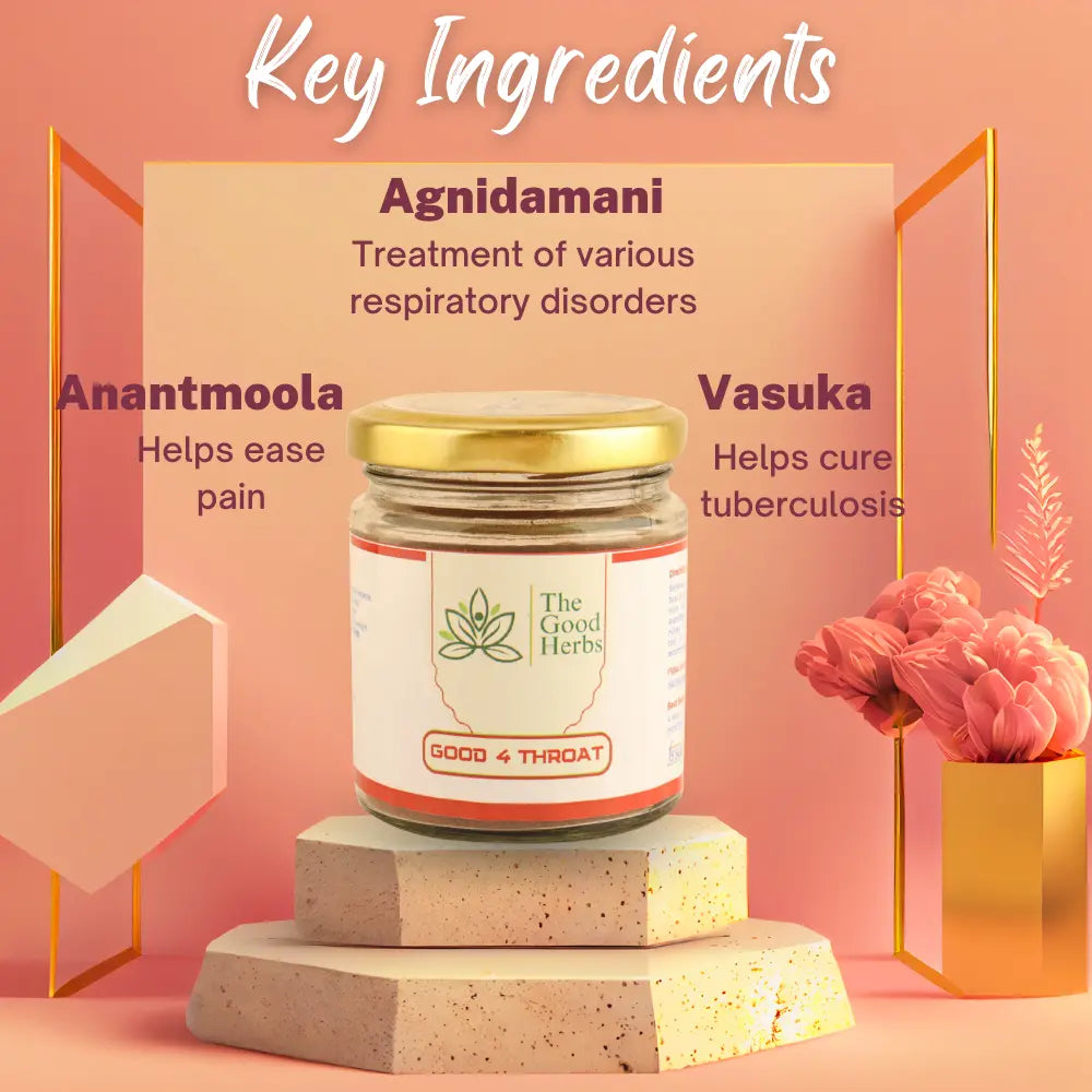 Key ingredients of Good 4 throat, ayurvedic medicine for sore throat and tuberculosis, Agnidamini, Anantmoola and Vasuka